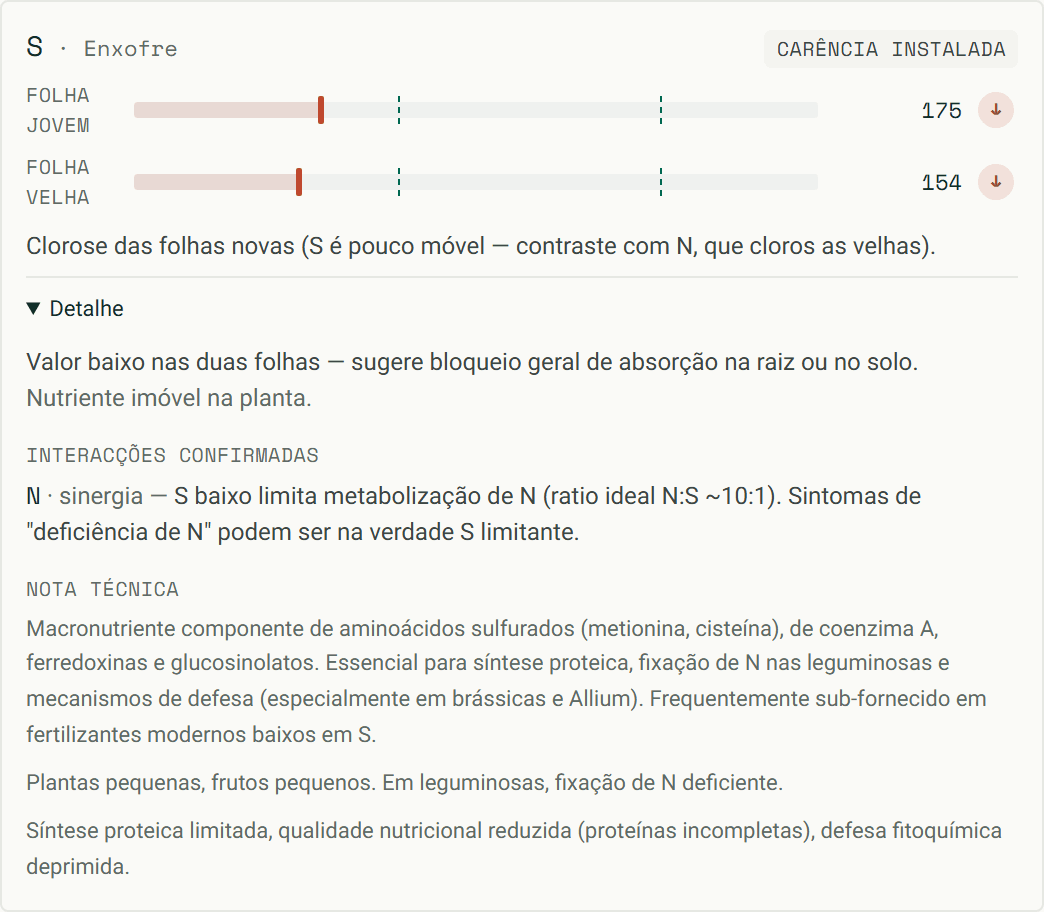 Cartão do enxofre numa análise: folha jovem e folha velha abaixo do óptimo, a leitura da carência, a interacção confirmada com o azoto e a nota técnica.